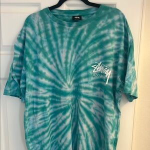 Stussy Teal and White Tie-Dye Tee